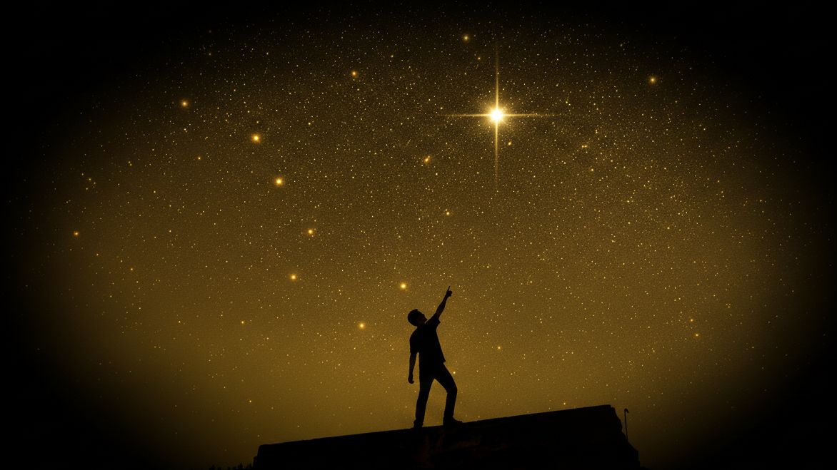 A silhouetted figure reaching toward the North Star beneath a golden sky filled with stars