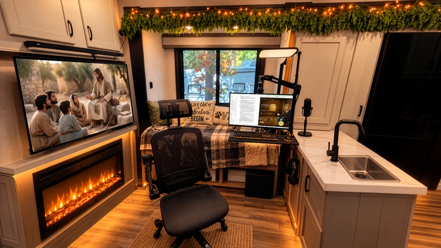 Brother Aaron's workspace in his RV: an empty office chair before a desk with a monitor, keyboard and microphone; a television above an electric fireplace shows a painting of Christ teaching; a window looks onto trees and parked trailers, with a garland of lights overhead and a small kitchen counter and sink at right.