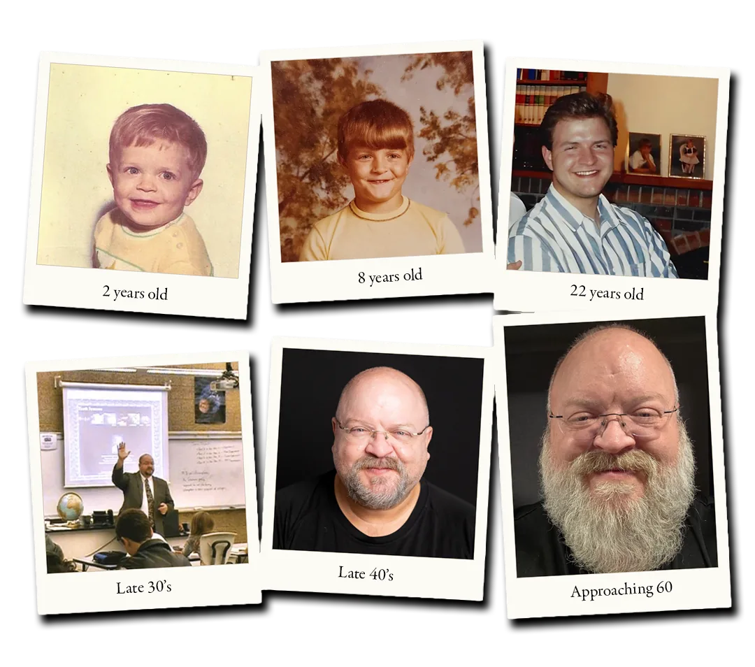 Six real photographs of Brother Aaron Powner, labeled by age: at 2 years old, 8 years old and 22 years old; teaching a science class in his late 30s; in his late 40s; and approaching 60, with a full white beard.